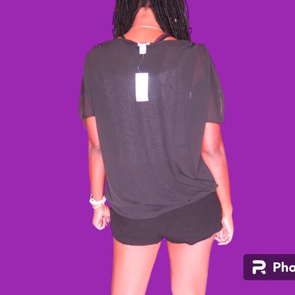 Chico's mesh Bianca top blouse shirt sheer short sleeve in black size 3. - Picture 2 of 6